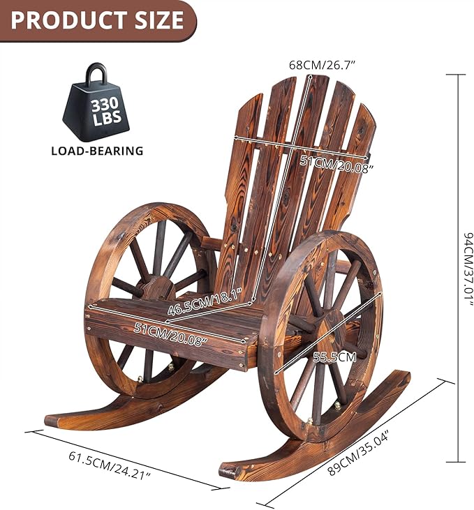 Outvita Adirondack Rocking Chair, Wood Wagon Rocker, Outdoor Wooden Carbonized Lounge Chairs with Wheel Armrest for Garden Patio Country Yard Porch, Fir