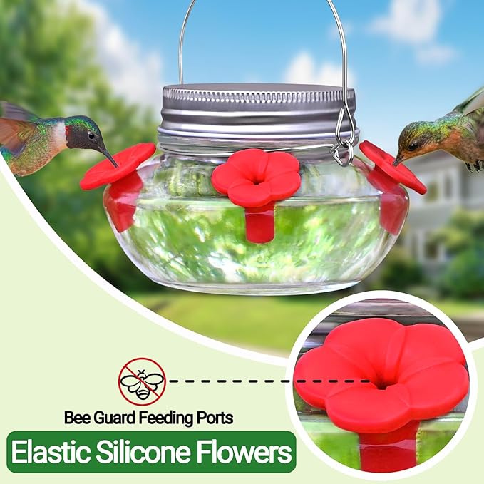 Glass Hummingbird Feeders for Outdoors Hanging, Cute Mason Jar Shape with 4 Silicone Flower Feeding Ports, Top Fill Leak Proof Easy to Clean and Refill, Humming Bird Feeder for Outside Garden
