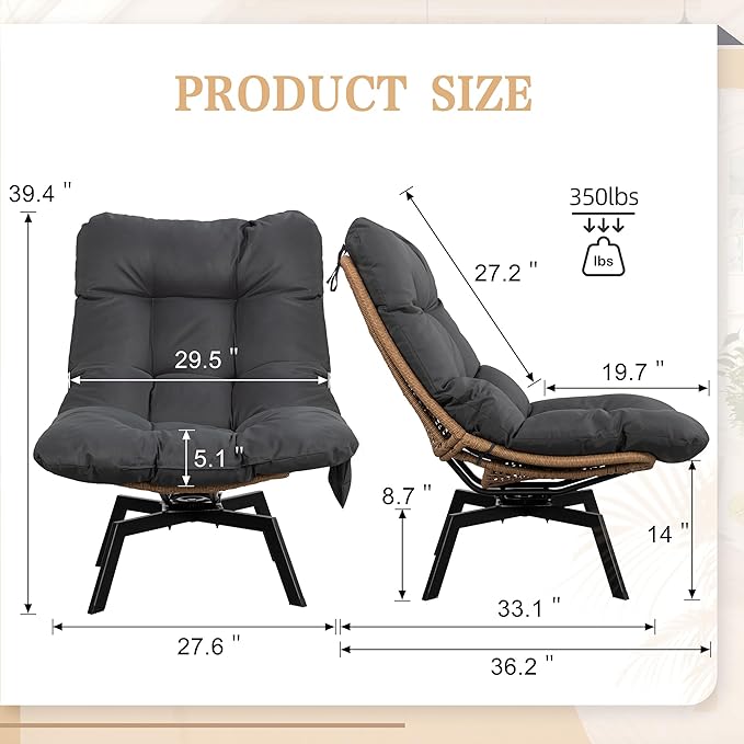 Vongrasig Swivel Wicker Chair PE Rattan Chair with Cushion, Oversized Patio Lounge Chair for Outdoor, Indoor, Balcony, Backyard, Garden, Living Room, Black