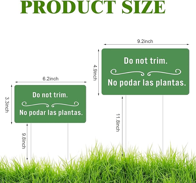 Soaoo 4 Pcs Corrugated Plastic Do Not Trim Yard Signs with Stakes 6.2 x 3.3 Inch 9.2 x 4.9 Inch Plant Signs Bilingual Garden Markers for Outdoor Lawn(Green,Classic)