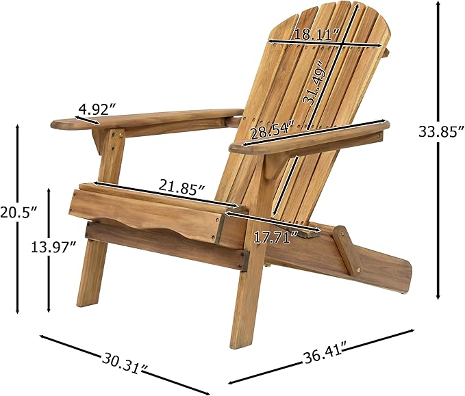 Merax Folding Adjustable Acacia Wood Adirondack Chairs, Water Proof Outdoor Wooden Fire Pit Lounge Reclining Chair for Yard, Garden, Patio, Natural Stained