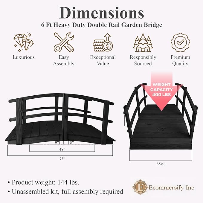 6 FT Black Amish Made Garden Bridge with Double Rails for Walkway, Backyard Pond & Landscaping, Outdoor Wooden Footbridge for Koi Pond, Japanese Style Decorative Bridge, Made in USA