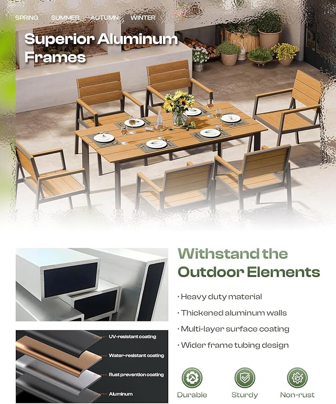 Outdoor Dining Set for 6, Patio Table and Chairs Set with Umbrella Hole, 7 Pieces HDPS + Aluminum Outdoor Furniture Sets for Patio, Garden (Gray & Teak)