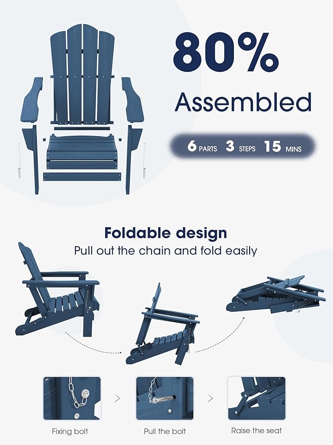 KINGYES Folding Adirondack Chair, HDPE All-Weather Patio Chairs, Wooden Textured Lawn Chair for Poolside, Backyard, Deck, Fire Pit, Navy