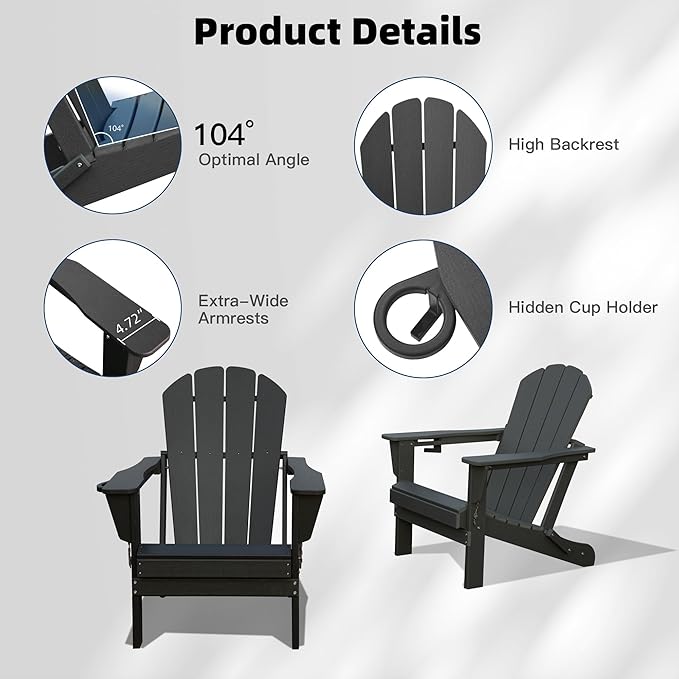 Domi Folding Adirondack Chairs Set of 2, HDPE All-Weather Outdoor Chairs with Cup Holder, Wooden Textured Fire Pit Chairs for Backyard, Patio, Poolside & Deck, Black
