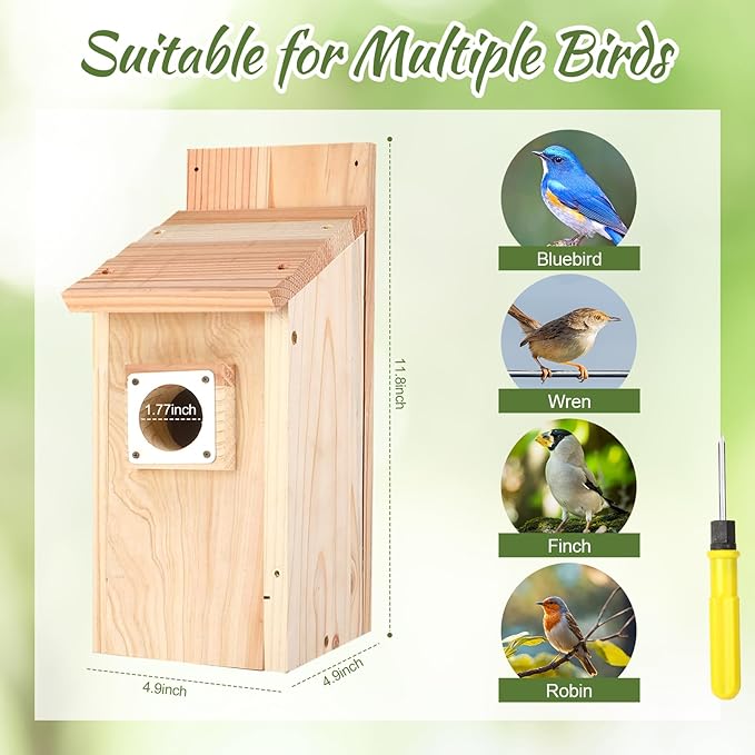 4-Pack Bird Houses for Outside with Metal Predator Guard, Birdhouses for Outdoors for Bluebird, Wren, Swallow, Finch - Natural Wood
