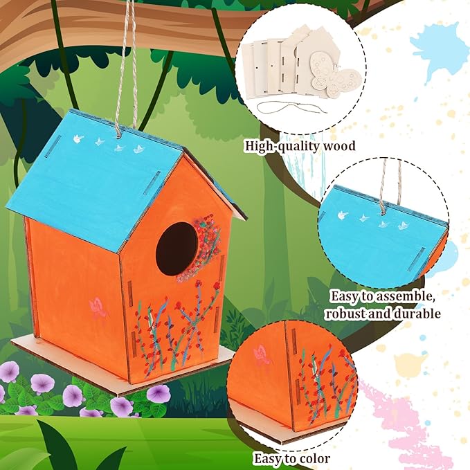 DoubleFill 24 Pack Wooden Bird Houses Bulk, Butterfly Wood Chips for DIY Unfinished Hanging Birdhouse Kits, Wooden Craft Houses to Paint Easter VBS Craft Family Crafts Party Favor