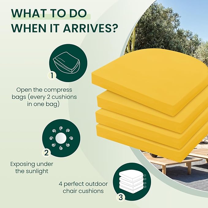 HARBOREST Outdoor Chair Cushions Set of 4, Water Resistant Patio Chair Cushions with Ties, Outdoor Seat Cushions for Patio Furniture, 17"x16"x2", Yellow