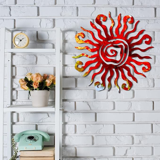 Moxweyeni 12 Inch Sun Metal Wall Art Outdoor Decor Wacky Large Sun Metal Art Sun Wall Decor Pool Decorations for Home Bedroom Living Room Office Garden(Red)