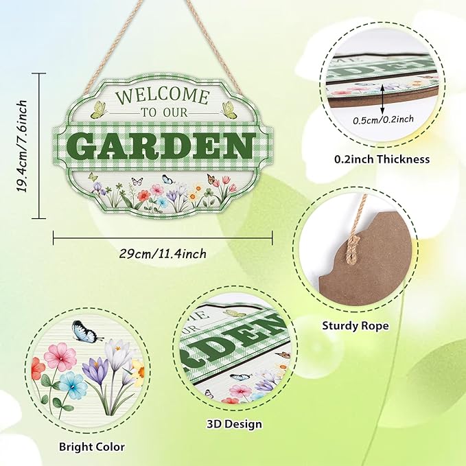 HOURIA 3D Welcome to Our Garden Wood Sign,(11.4”x8”) Gardening Yard Greenhouse Decor,Sage Green Gardening Sign, Flowers Butterfly Garden Decorations for Outside Indoor,Gardening Gifts