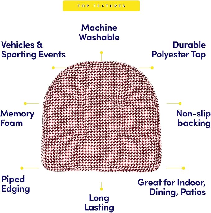 Sweet Home Collection Chair Cushion Memory Foam Pads Tufted Slip Non Skid Rubber Back U-Shaped 17" x 16" Seat Cover, 6 Pack, Houndsooth Red