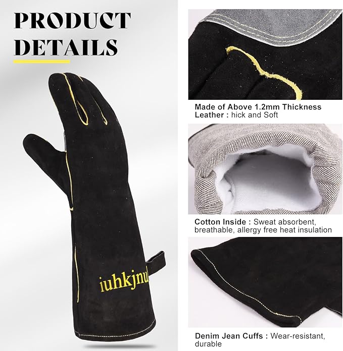 Leather Oven Gloves for Women Man, Heat Resistant Fire Long Sleeve Gloves for Tig Mig Stick BBQ Fireplace Animal Handling (16in)