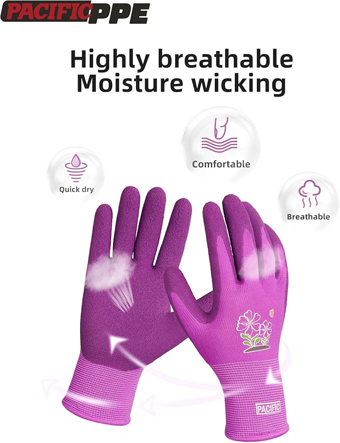 PACIFIC PPE 2 Pairs Gardening Gloves for women, Latex Coated Garden Gloves, Breathable, Medium Size fits Most, Purple