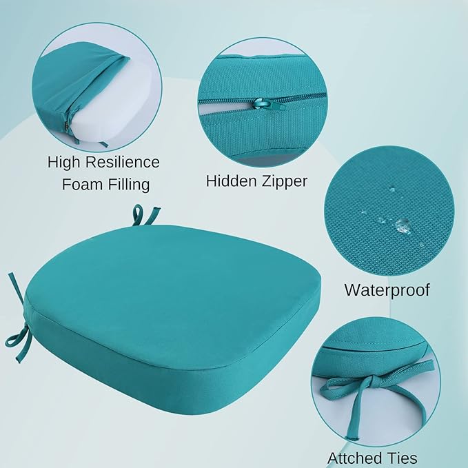 idee-home Outdoor Chair Cushions Set of 2, 17" x 17" x 3" Thick D-Shaped Patio Furniture Outdoor Seat Cushions Waterproof with Ties, Dining Pads