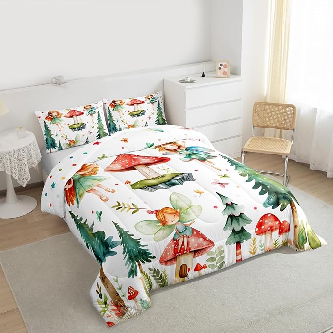 Erosebridal Mushroom & Fairy Full Bedding Set - Butterfly Comforter Set for Kids Girls, Whimsical Fairies Garden Quilt | Forest Themed Butterflies Bedroom Decor with 2 Pillowcases