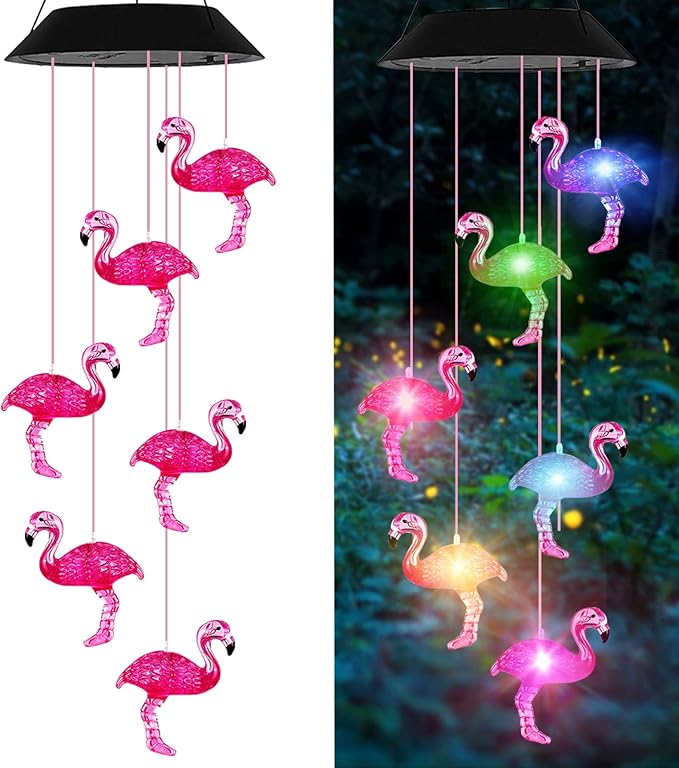 Solar Wind Chimes Flamingo,Birthday Gifts for Mom Grandma Dad, IP65 Waterproof Memorial with 7 Color Changing LED Lights, Outdoor Decor Garden Yard Decorations