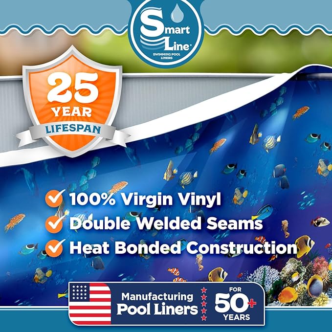 Smartline 24 ft Round Swimming Pool Liner | Caribbean | Overlap Style | 48-52 Inch Wall Height | 25 Gauge Heavy Duty Virgin Vinyl | Designed for Steel Sided Above Ground Pools