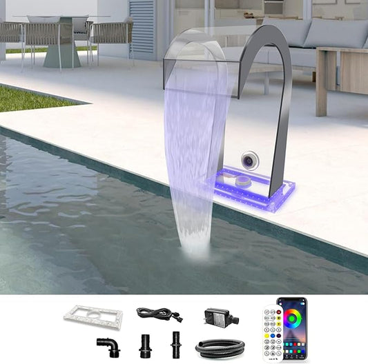 LONGRUN Waterfall Spillway Acrylic S-Shaped Pool Fountain with Color Changing LED Light, Pond Waterfalls Outdoor Water Spillway Fountains Kit for Garden Patio Swimming Pool Decoration-12.6" Height