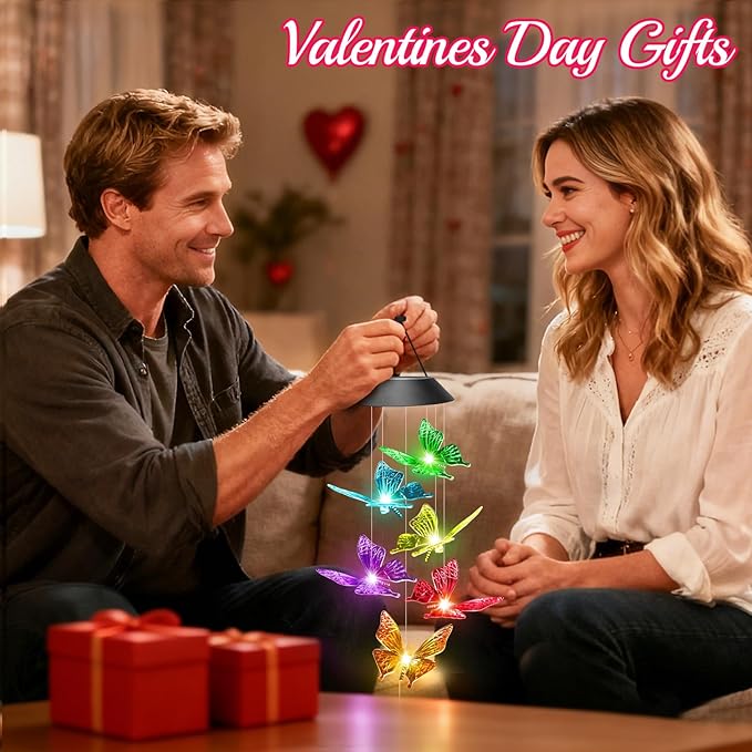 Valentines Day Gifts for Her Mom Grandma, Birthday Gardening Gifts for Women, Winzwon Solar Lights Outdoor Wind Chimes for Garden Yard Patio Porch Decor Hanging Butterfly Decorations