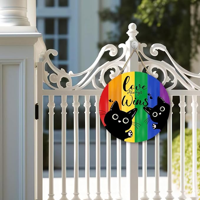 Gay Pride Love Always Wins Front Door Sign Rainbow LGBTQ Black Cat Lesbian Pansexual Wooden Door Hanger Outdoor Indoor Porch Signs Decor Pride Month Indoor Wall Hanging Decoration