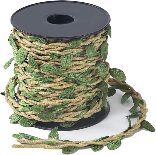 33ft Waxed Twine with Green Leaves, 3-ply Waxed Cord, Artificial Leaves Waxed String for Crafts and Decor (Natural Color Waxed Twine)