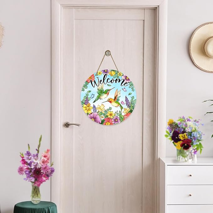 Welcome Spring Summer Hummingbird Front Door Sign, Daffodil Morning Glory Flower Wood Door Hanger Outdoor Outside Porch Decor, Hyacinth Floral Wooden Wreath Indoor Wall Hanging Decoration