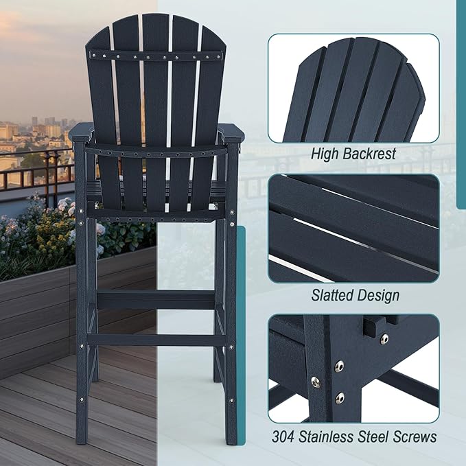 Giantex HDPE Outdoor Bar Stools - All Weather Tall Adirondack Chair with Armrest, Footrest, Load 360Lbs, 30-Inch Counter Height Bar Stool for Patio, Garden, Yard, Indoor Or Outdoor Use (1, Navy)