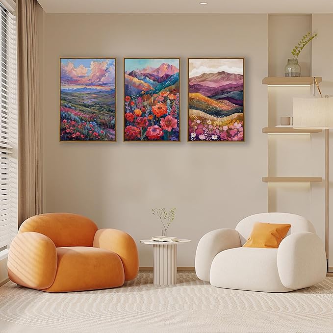 QTUSYUR Watercolor Wildflower Wall Art - Large Farmed Country Landscape Art Print - Colorful Mountain Floral Canvas Artwork for Farmhouse Living Room- Abstract Flower Painting for Home Decor 16”×24”×3