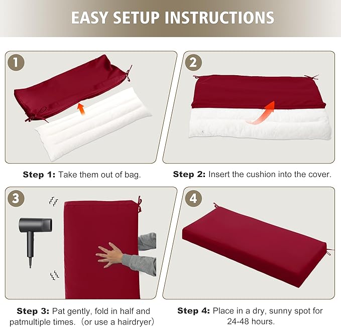 Outdoor Bench Cushion Waterproof 36"x14", Fade-Resistant Patio Furniture Replacement Pad with Ties - Also Fits Indoor Entryway Bench or Window Seat, Burgundy
