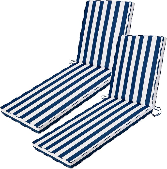 Outdoor Chaise Lounge Cushions for Patio, 71"x22"x3" Lounge Chair Cushions Set of 2, Waterproof Replacement Seat Pads for Outdoor Furniture (Navy Blue+White Stripes, 2 Pcs)