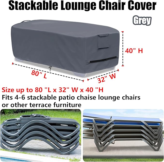 Outdoor Chaise Lounge Cover for 4-6 Stackable Patio Chaise Lounge Chairs, Waterproof, Durable Polyester Fabric 80 x 32 x 40 Inch Pool Lounge Chair Covers for Winter Storage (Grey)