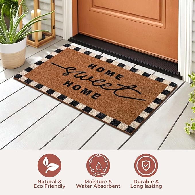 Folkulture Welcome Matt Outdoor | 16 x 28 Home Sweet Home Door Mats for Front Door Mat Outside Entrance | Eco Friendly | Checkered Coir Door Mats | Outdoor Decor for Home | Durable & Anti Slip