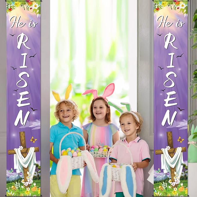 Happy Easter He Is Risen Porch Sign Banner Happy Easter Door Banners Hanging Decorations for Home Outdoor Indoor Wall Front Door Decor, 2 Pcs