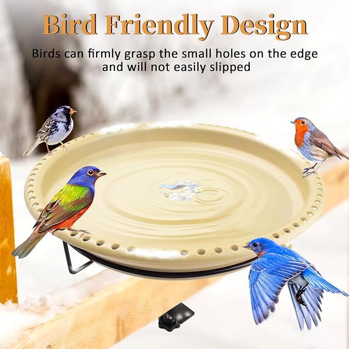 Daoeny Heated Bird Baths for Outdoors, Upgraded 100W Thermostatically Controlled Heated Bird Bath Deicer Deck Mounted, Heated Bird Bath Bowl for Deck Railing Winter Garden Yard Patio (Khaki)