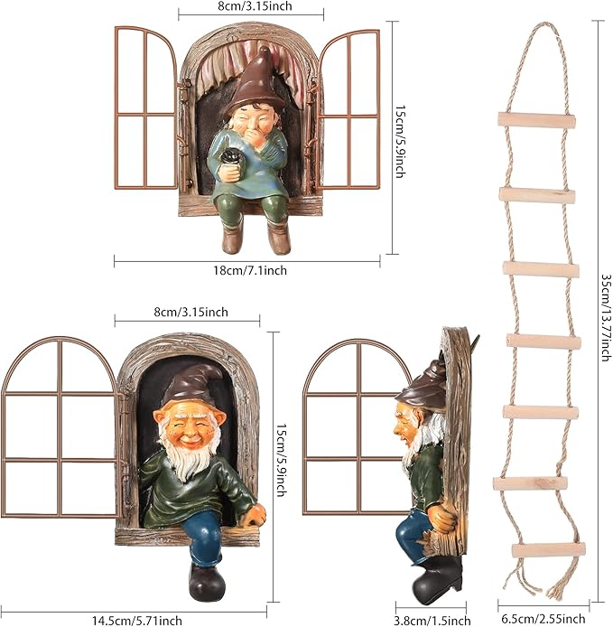 Thyle 4 Pieces Garden Gnomes Outdoor Tree Hugger Gnome Fairy Statue Elf Out The Door Resin Figurine Hanging Ladder Decoration Tree Faces Decor Outdoor for Patio Yard Lawn(Rustic Style)