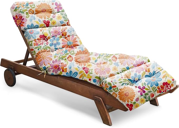 Outdoor Chaise Lounge Chair Cushion Waterproof 74.4 x 22 x 4.7 Inches Memory Foam Lounge Chair Cushions for Outdoor Furniture with Ties, Thickened Pool Lounger Cushion, Colorful Daisy