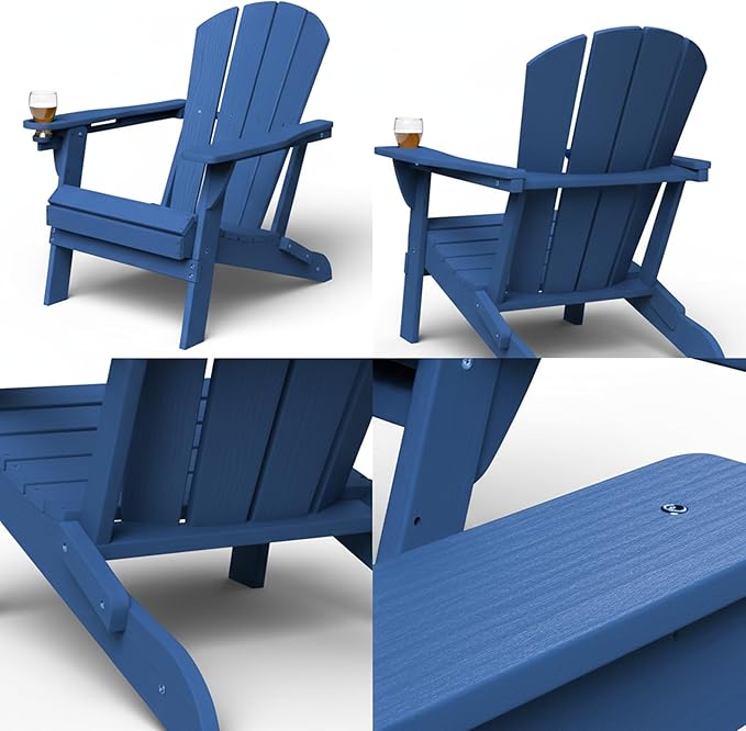 GLANC Folding Adirondack Chair Set of 2, HDPE All-Weather Outdoor Patio Fire Pit Chairs Lawn Chair for Poolside Backyard Deck Balcony, Wooden Textured with Cup Holder, 380LBS Capacity (Navy Blue)