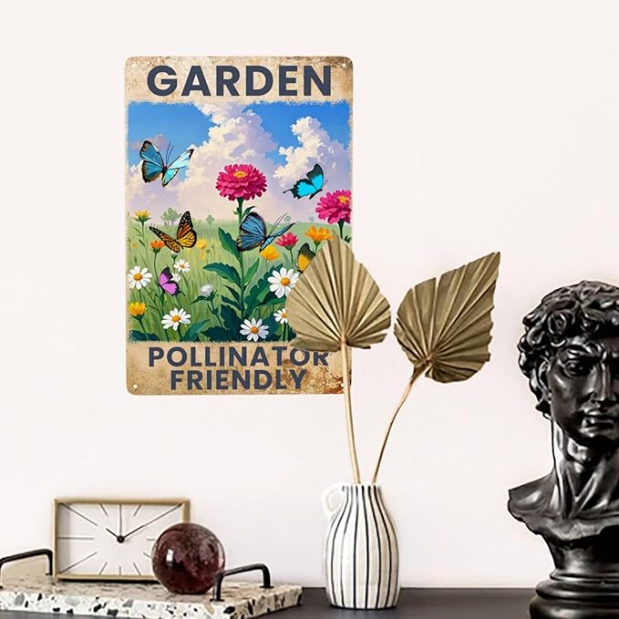 Garden Signs Pollinator Friendly Metal Tin Signs Flowers Signs 8x12 Inch Outdoor Wall Decor