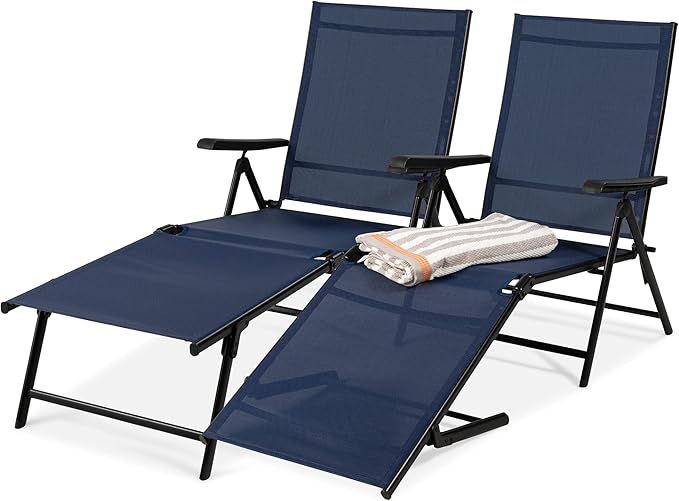 Best Choice Products Set of 2 Outdoor Patio Chaise Lounge Chair Adjustable Reclining Folding Pool Lounger for Poolside, Deck, Backyard w/Steel Frame, 250lb Weight Capacity - Navy