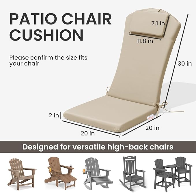 Crestlive 50x20 Inch Sunbrella Adirondack Chair Cushion with Headrest, Water Repellent, Fade Resistant, High Back Rocking Chair Cushion for Patio, Antique Beige