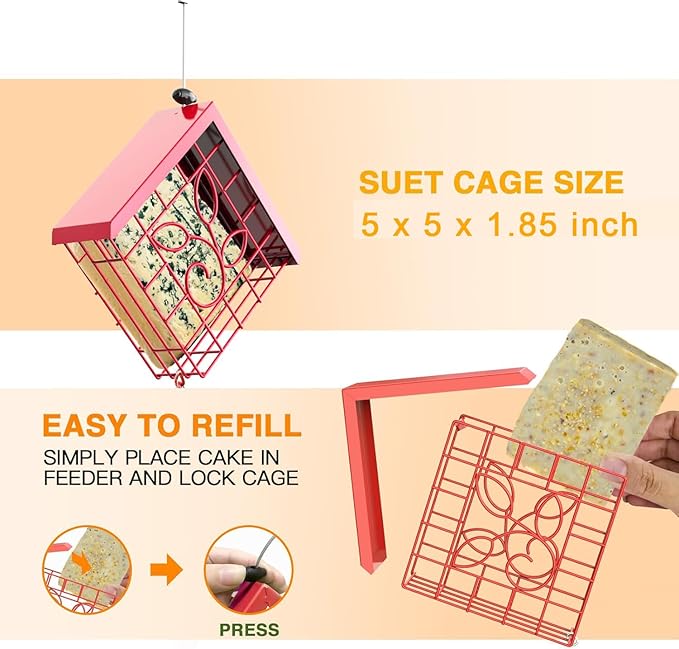 Suet Bird Feeder, Metal Suet Feeder for Outside Hanging, Single Suet Cake Capacity, Fruit and Suet Feeder Style for Outside Hanging(Red)