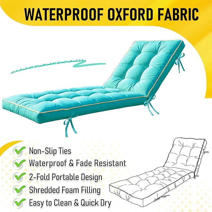 2 Pack 72x21 Inch Folding Chaise Lounge Cushion Quick Dry - Outdoor Sun Lounger Seat Pad with Shredded Foam for Patio Furniture, Deck Chairs, Poolside (Aqua Blue, 72 INCH × 21 INCH-2 Pack)