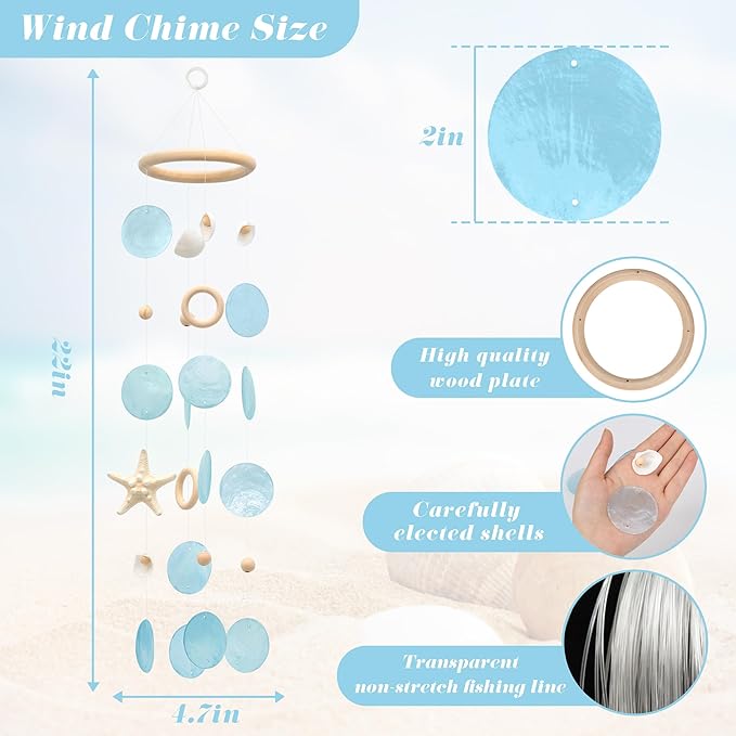 Sea Shells Wind Chimes - Handcrafted Blue Capiz Shells Windchime with Starfish, Coastal Style Decor for Indoor/Outdoors, Garden Decor, Great Gift for Women, Wind Chimes Lovers and More