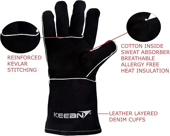 ARC/MIG 14 Inch Welding Gloves Black Heat&Fire Resistant At 500°C Leather Cut Proof Gaunlets With Kevlar Stitching, Thermal Work Safety Protective Heavy Duty, Pack Of 1