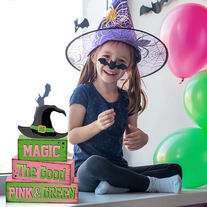 4 Pcs Pink Green Party Decorations Witch and Princess Table Decor Witchy Hat Wooden Signs Farmhouse Pink Green Witch and Princess Table Centerpiece for Home Office Desk Shelf Party Decorations