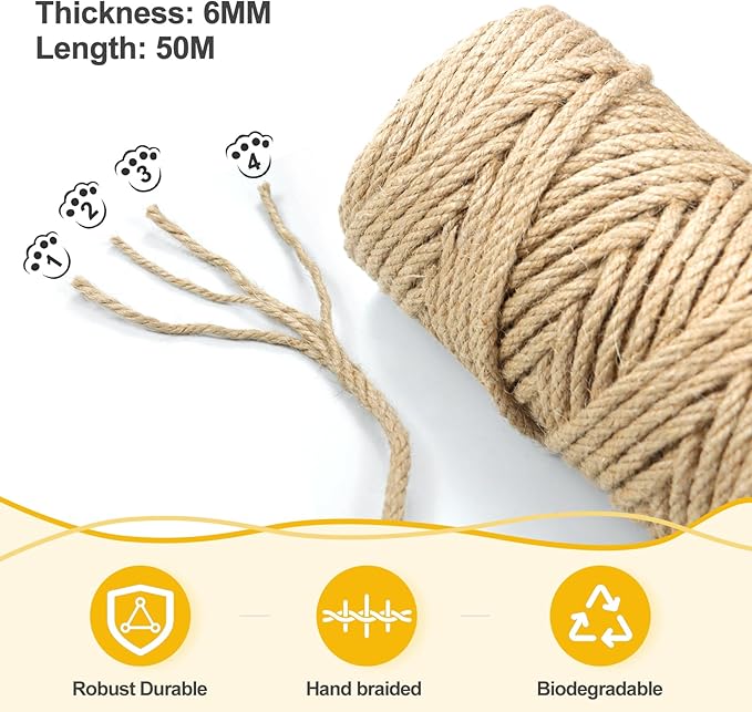 Jute Twine String - 164ft 6mm Eco-Friendly Heavy-Duty Cord for Crafts, Garden & Packaging | Natural Fiber Rope for DIY Decor, Bundling & Industrial Projects