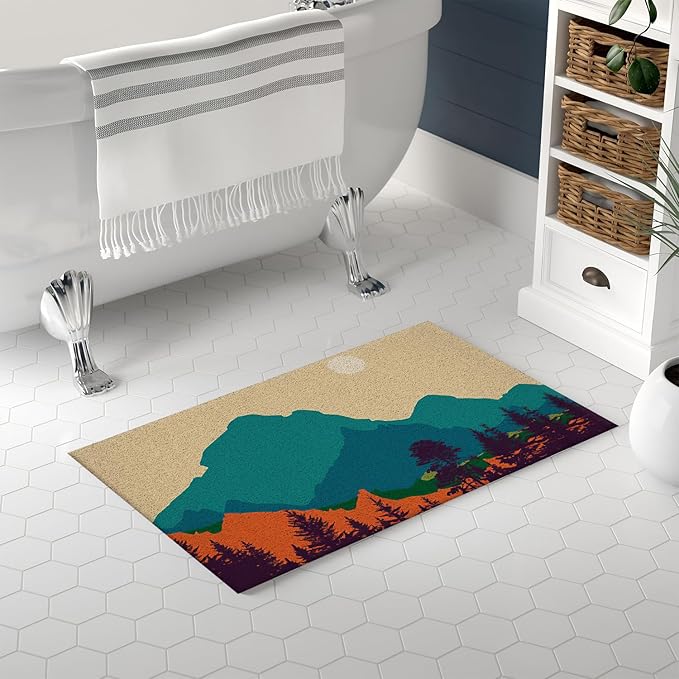 Nogrit Boho Bath Mats for Bathroom, Non Slip Shower Mat for Bathroom Floor, Boho Front Door Mat and Forest Mountain Bathroom Mat, PVC Coil Mat 17x30