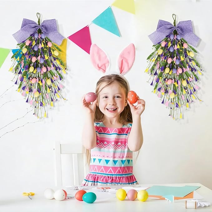 2 Pack 24'' Easter Teardrop Swags for Front Door Pastel Easter Eggs Teardrop Wreath Artificial Spring Floral Hanging Swags with Ribbon Berry for Farmhouse Home Outdoor Window Cabinet Wall Decor