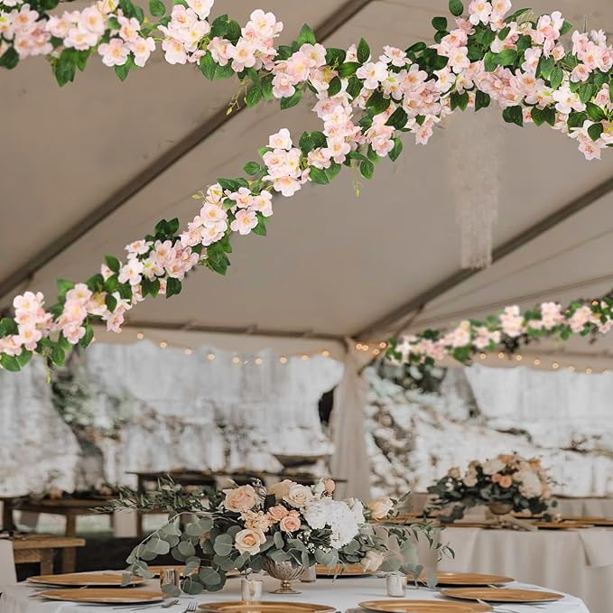 CISDUEO Artificial Cherry Blossom Flower Vine Hanging Champagne Cherry Blossom Flower Silk Garland Hanging Vines Faux Flowers for Outdoors Spring Wedding Party Home Table Centerpiece Arrangement Decor