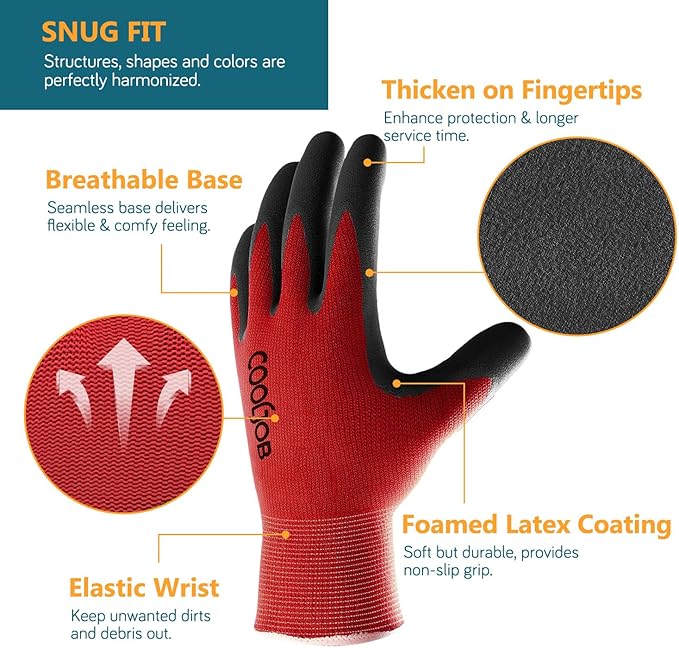 COOLJOB Gardening Gloves for Men, 2 Pairs Breathable Rubber Coated for Garden Weeding Landscaping, Outside Work for Lawn Yard, Men's Large Size, Black & Red